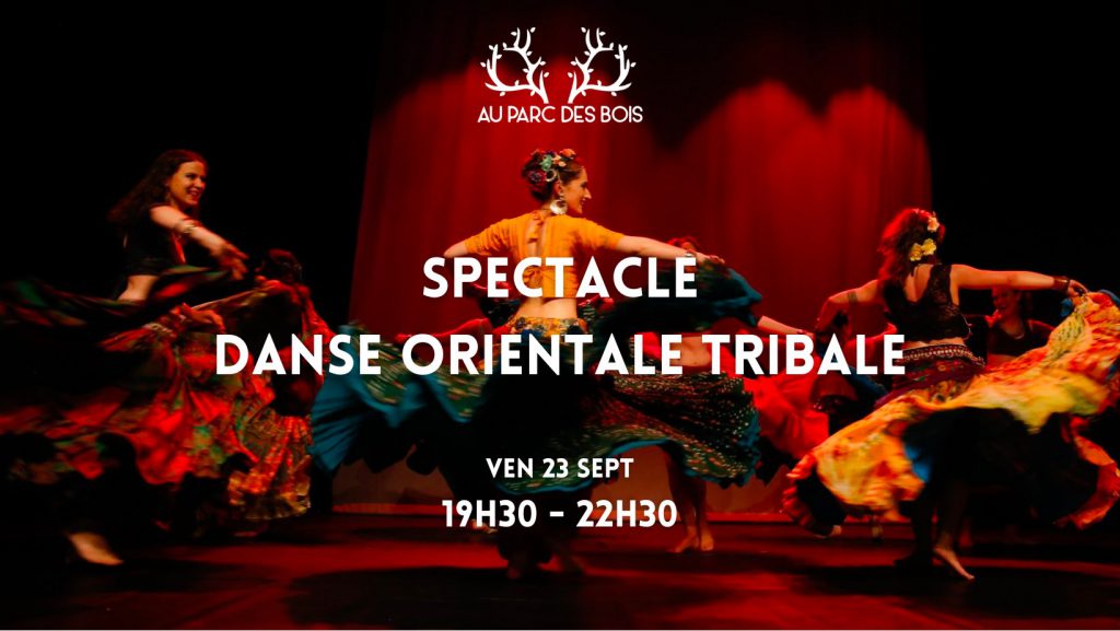 affiche colorée avec des danseuses ATS aux jupes qui volent pour annoncer une soirée spectacle au parc des bois, le 23 septembre 2022 à 19h30